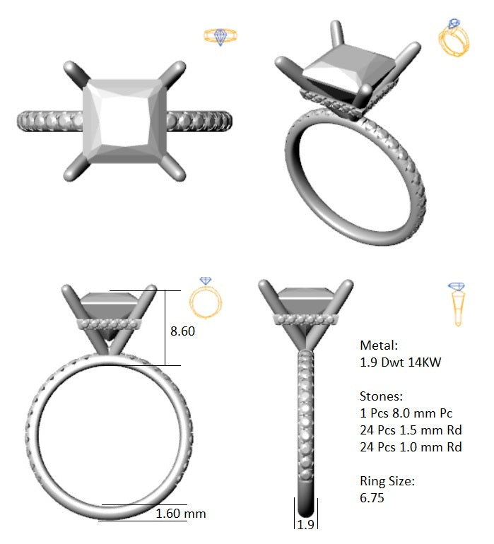 Hidden Halo 8.0MM Princess Engagement Ring .48 Carat TDW