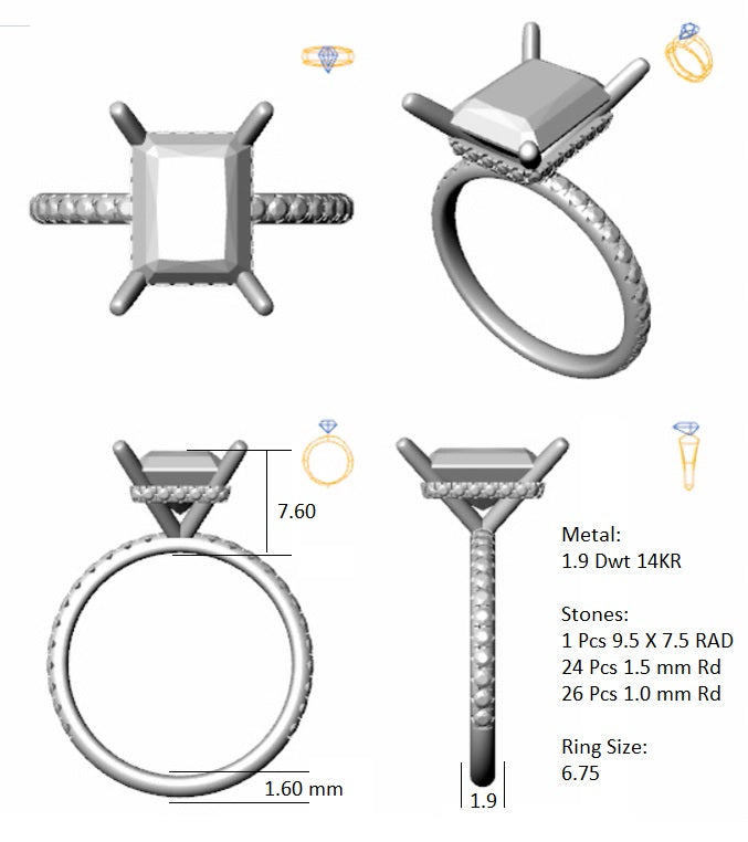 Hidden Halo 9.5x7.5MM Radiant Engagement Ring .49 Carat TDW