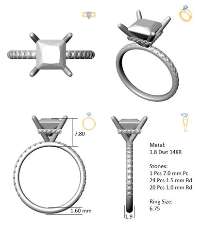 Hidden Halo 7.0MM Princess Engagement Ring .46  Carat TDW